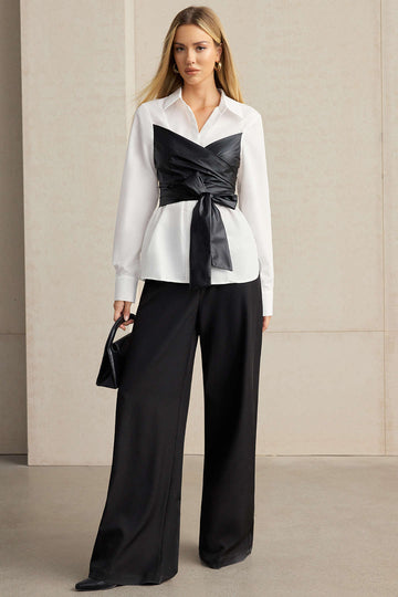 Faux Leather Patchwork Tie-Back Long-Sleeve Shirt