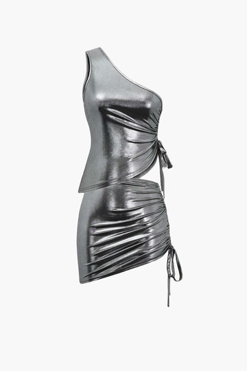Metallic Drawstring Ruched Cami Top And Mini Skirt Set