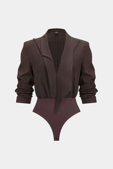Notched Lapel Asymmetrical Long Sleeve Bodysuit