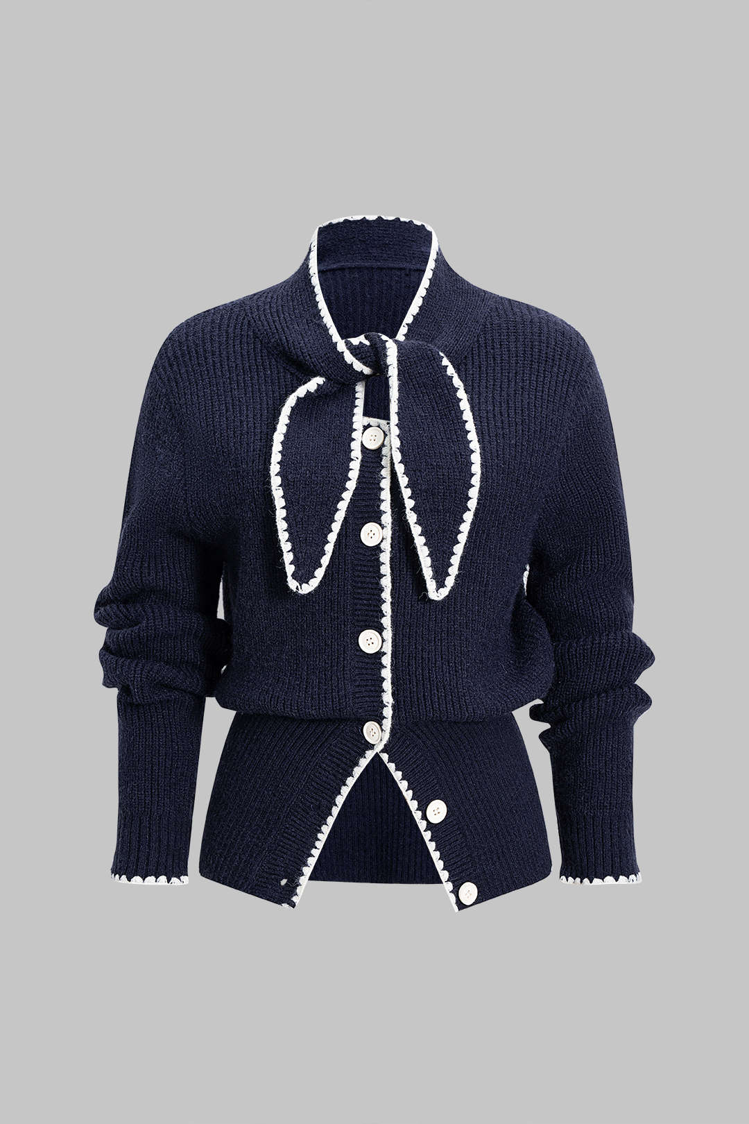 Knit Contrast Button Tie-Up Cardigan