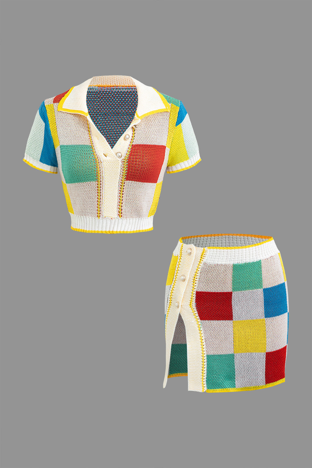 Color Block Knit Top and Split Mini Skirt Set