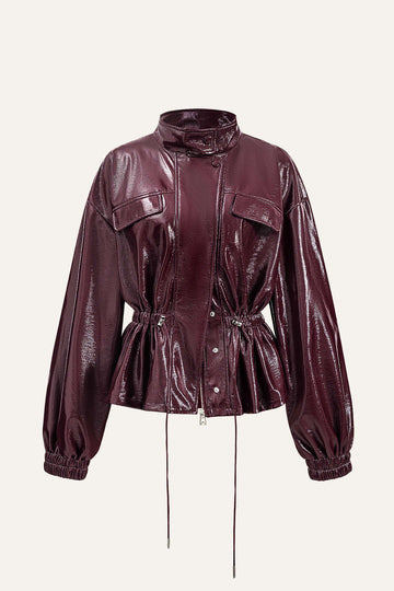 Faux Leather Drawstring Pocket Jacket