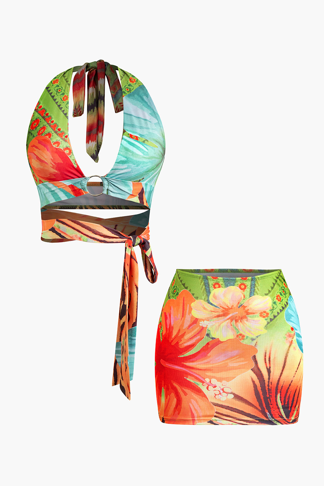 Floral Print Knot Halter Backless V-Neck Top And Mini Skirt Set