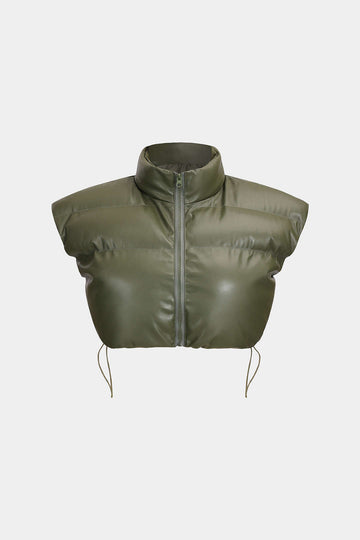 Faux Leather Padded Drawstring Zipper Puffer