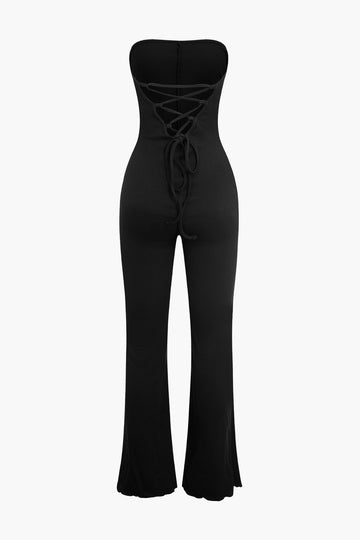 Braided Tie Backless Strapless Flared Jumpsuit