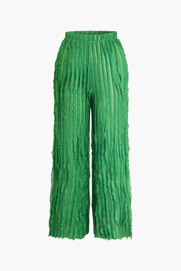 Ruffled Textured Halter Crop Top And Wide-Leg Pants Set