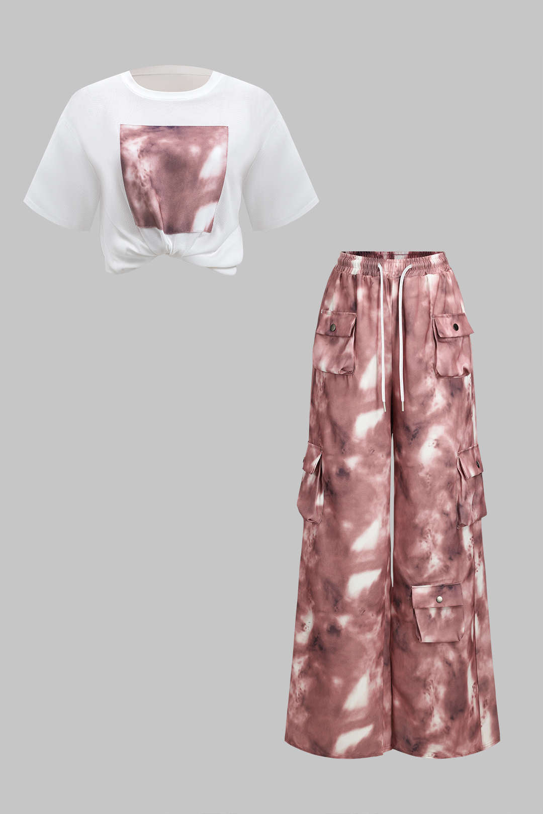 Tie Dye Print Short Sleeve T-Shirt  And Drawstring Pocket Trousers Set