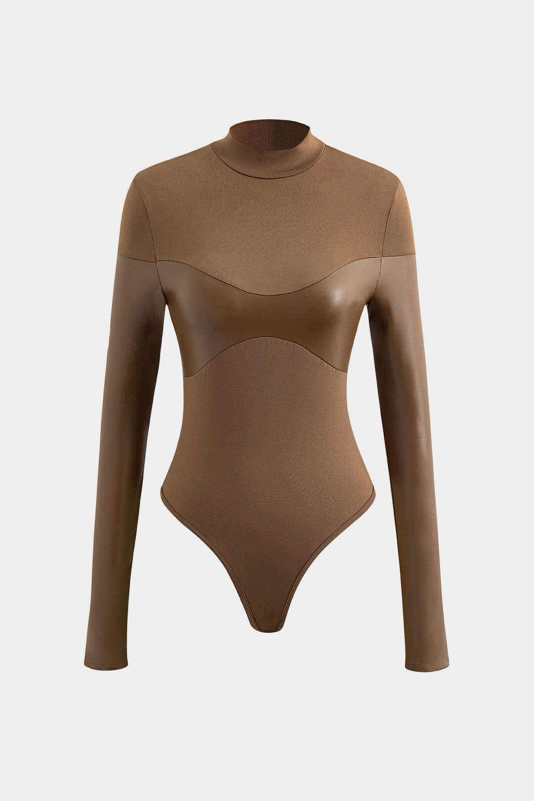 Mock Neck Faux Leather Paneled Long Sleeve Bodysuit