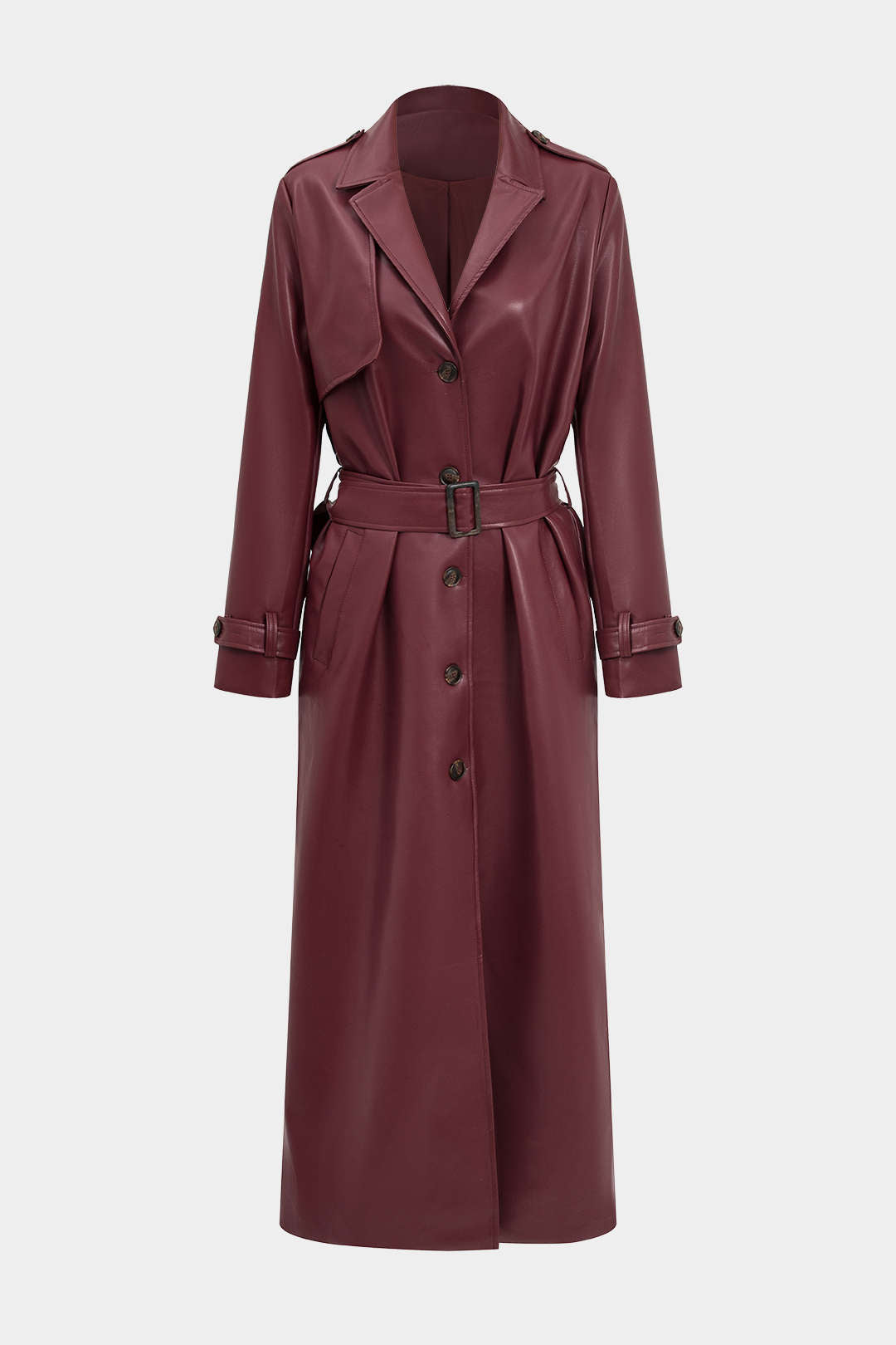 Solid Faux Leather Button Pocket Belted Coat