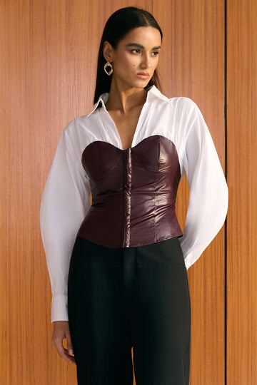 Faux Leather Patchwork Hook And Eye Waist-Cinching Long-Sleeve Shirt