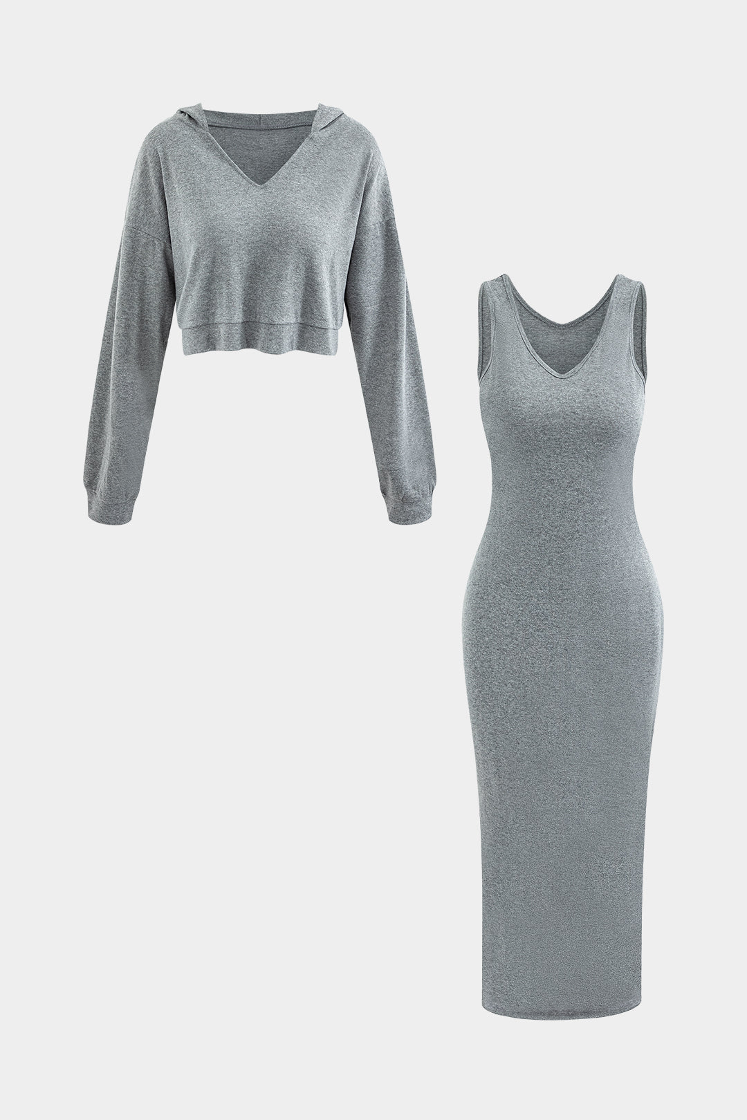 Basic ärmelloses maximales Kleid mit V-Ausschnitt und Sweatshirt-Set mit Kapuze