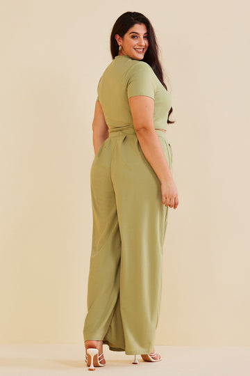 Plus Size Cropped Top and Wide Leg Pants Set