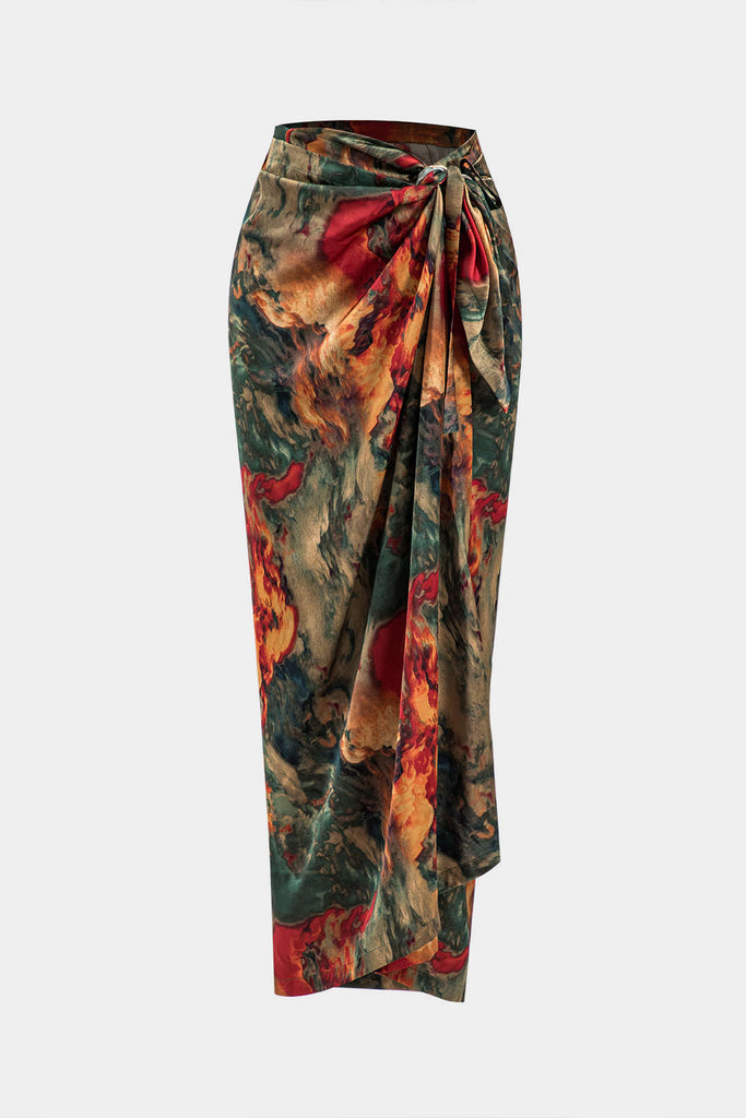 Satin Floral Print Tie Front Skirt - decent-life