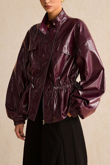 Faux Leather Drawstring Pocket Jacket