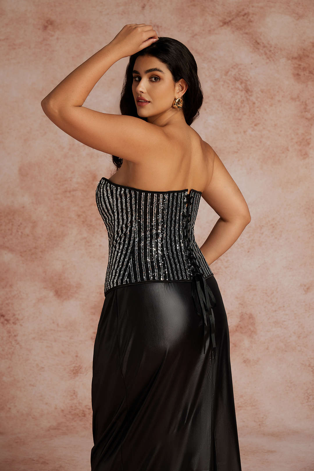 Plus Size Sequin Zipper Lace Up Corset Tube Top