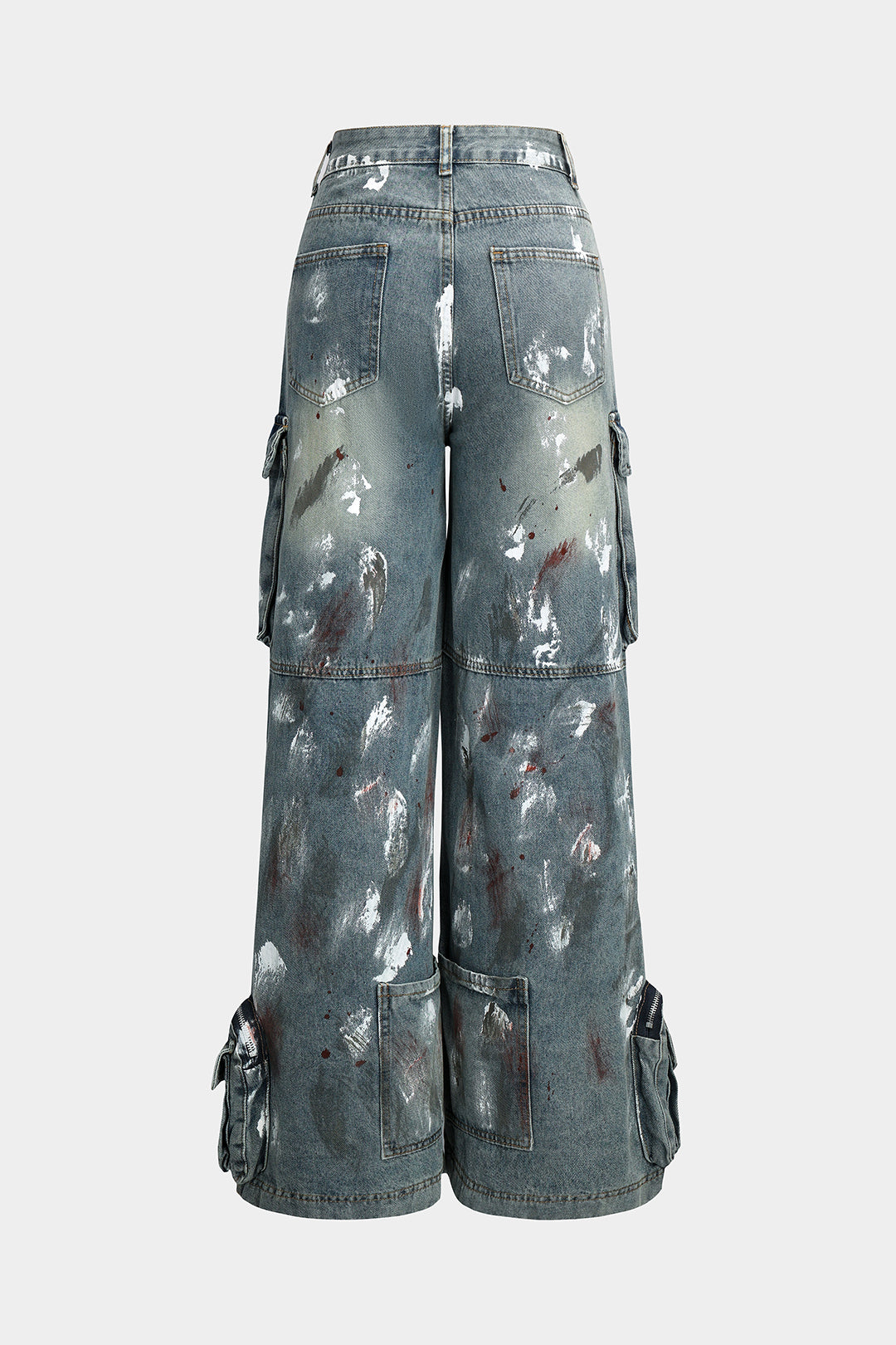 Graffiti Denim Washed Button Pocket Zipper Wide Leg Jeans