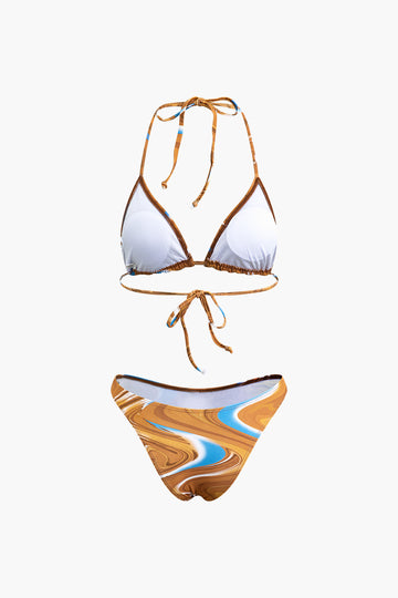 Abstract Print Tie Halter Bikini And Slit Midi Dress Swimsuit Set