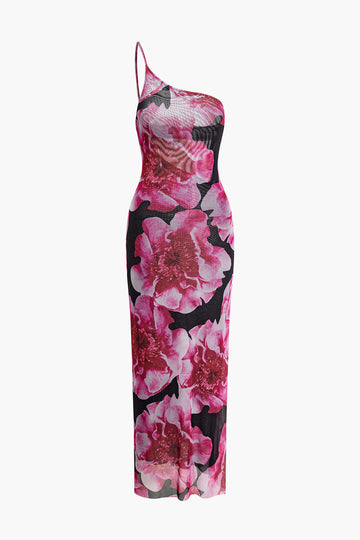 Floral Print One Shoulder Cut Out Mesh Maxi Dress