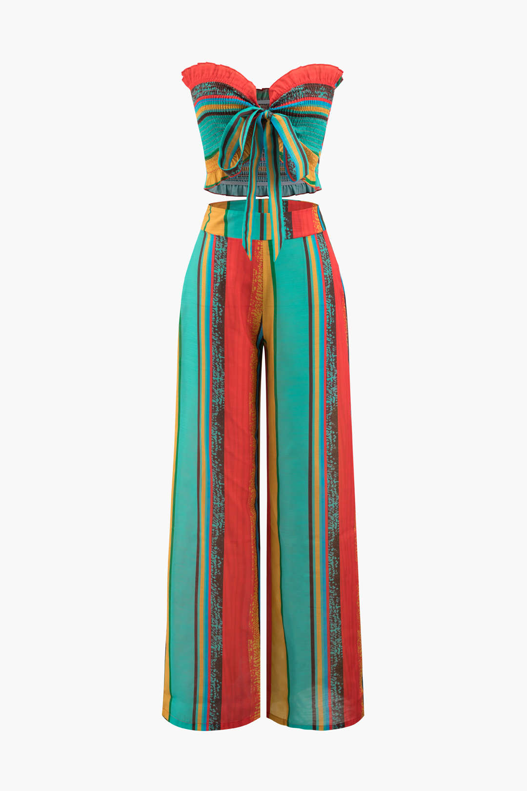 Multicolored Knot Front Tube Top And Wide Leg Pants Set