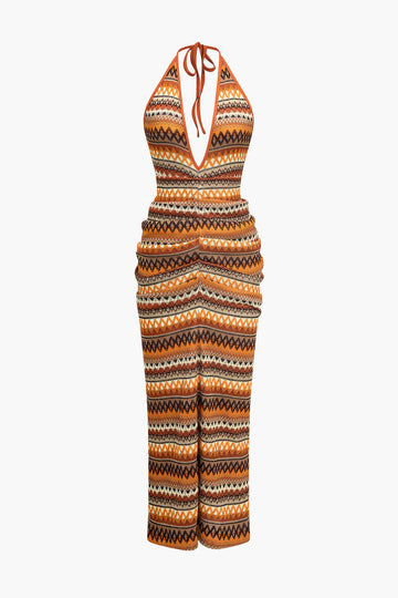 Zigzag Stripe Halter Backless Knit Maxi Dress