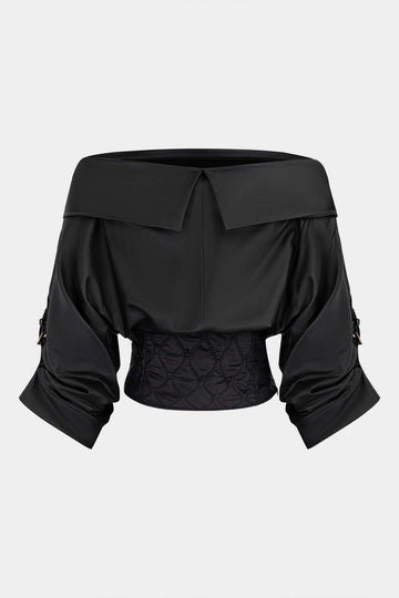 Faux Leather Quilted Patchwork Off Shoulder Long-Sleeve Shirt