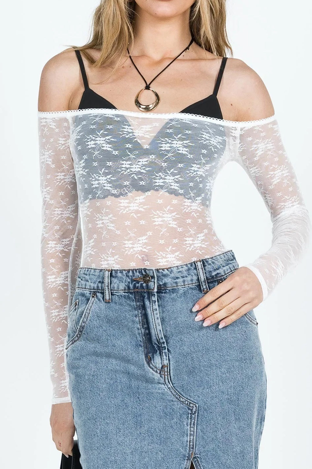 Sheer Lace Off The Shoulder Long Sleeve Top