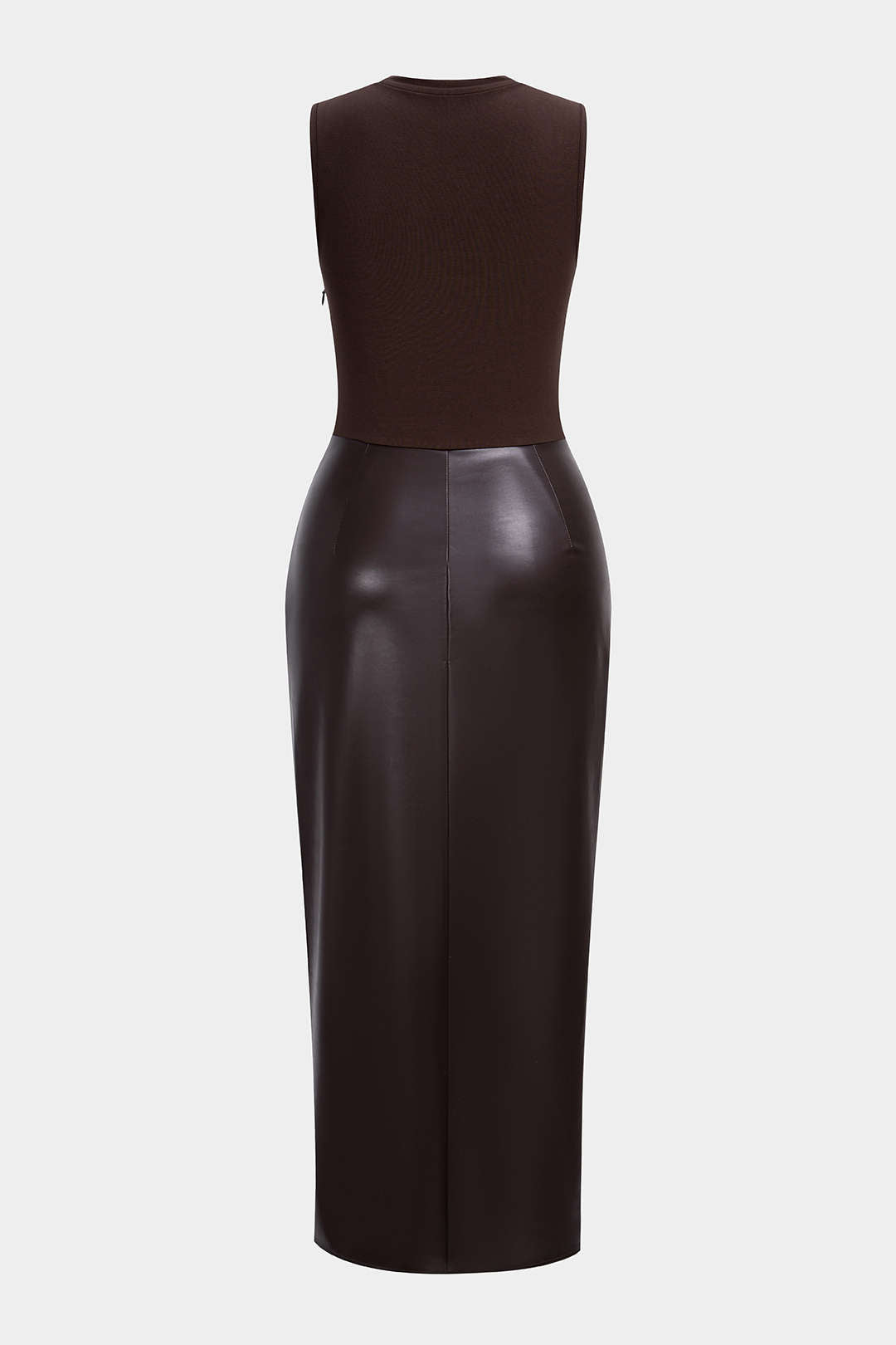 Faux Leather Patchwork Ruched Sleeveless Midi Dress