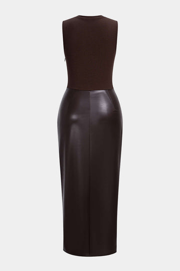 Faux Leather Patchwork Ruched Sleeveless Midi Dress
