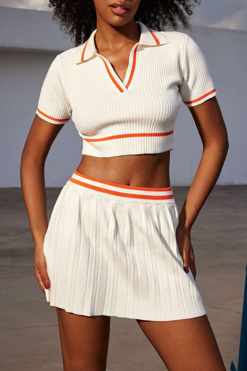 Ribbed Knit Polo Top And Pleated Skirt Set