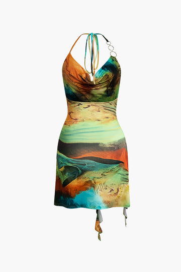 Abstract Print Halter Cowl Neck Slit Mini Dress