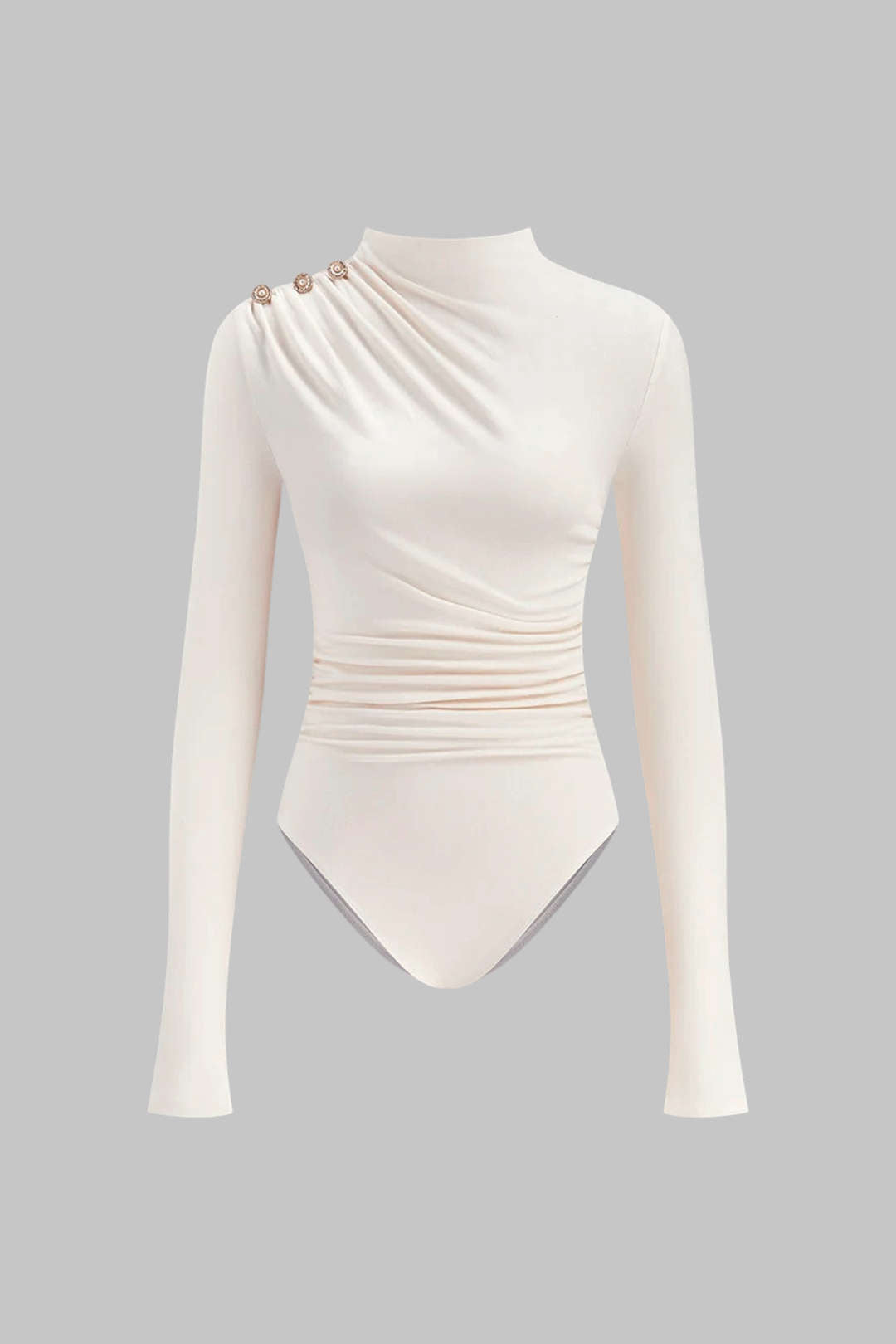 Asymmetrical Button Ruched Long Sleeve Bodysuit