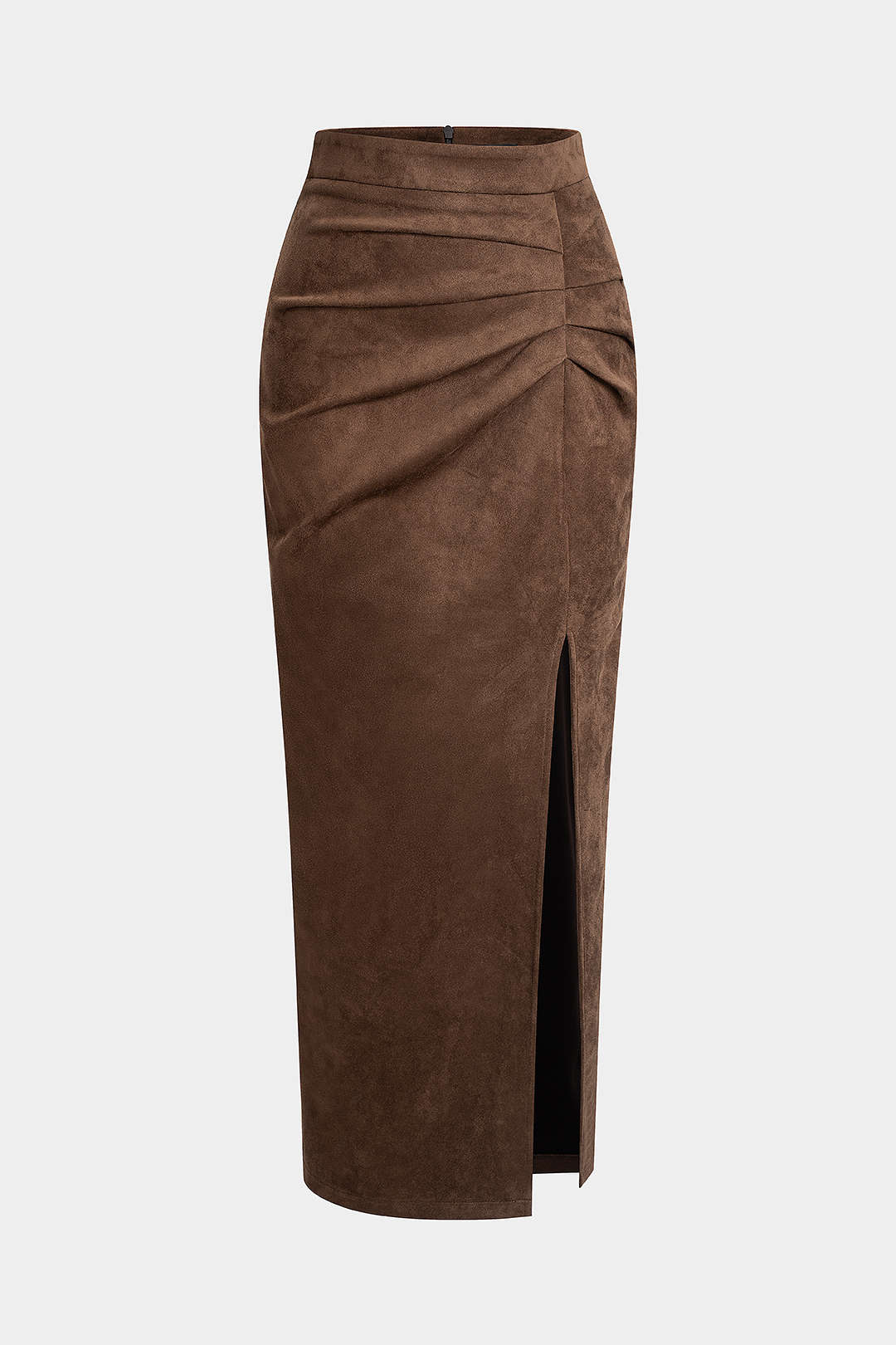 Suede Asymmetrical Ruched Side Split Zipper Skirt