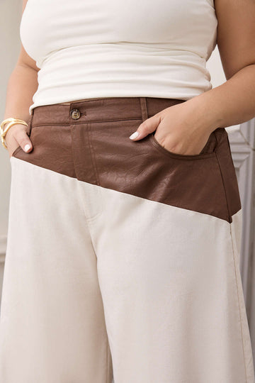Plus Size Faux Leather Linen Patchwork Ruched Trousers