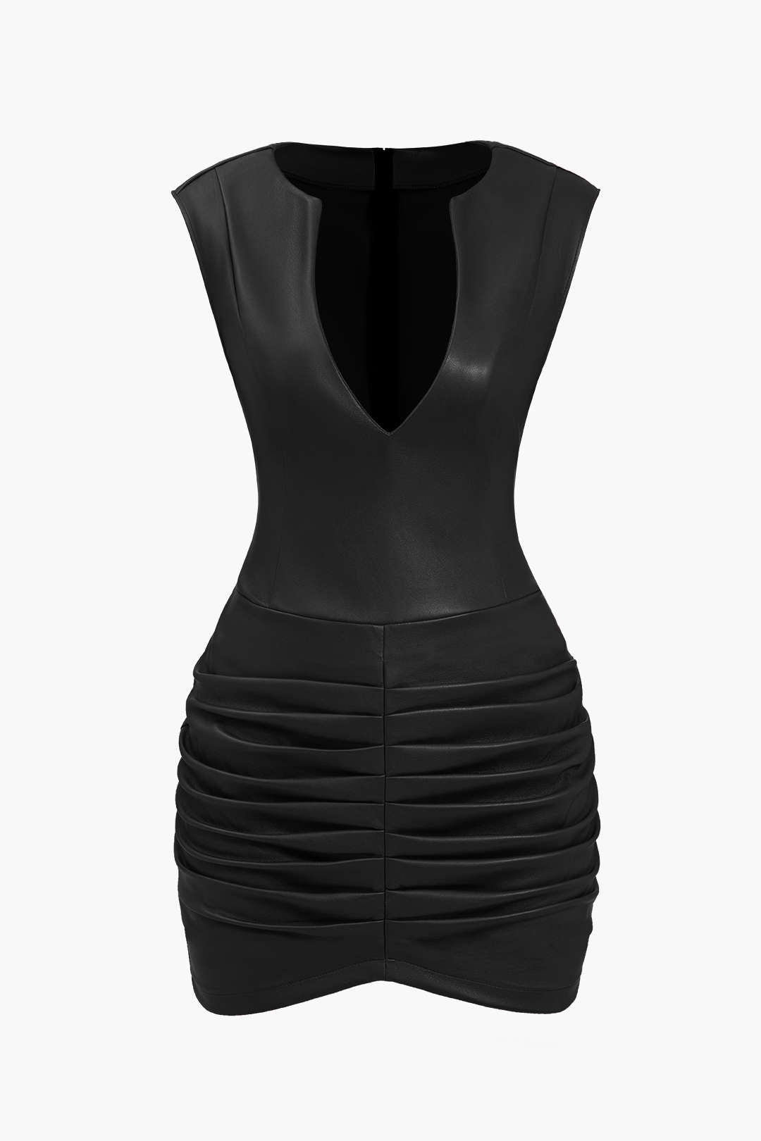 Ruched kunstnahast V-kaelusega minikleit Bodycon