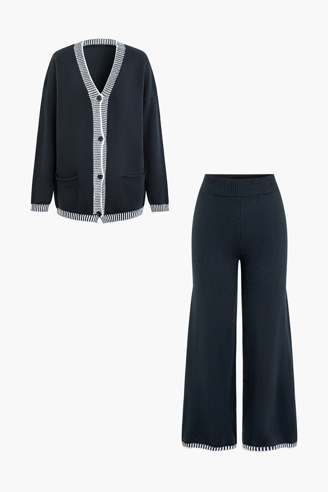 Contrast Stripe Trim V-neck Button Up Cardigan And Straight Leg Pants Set