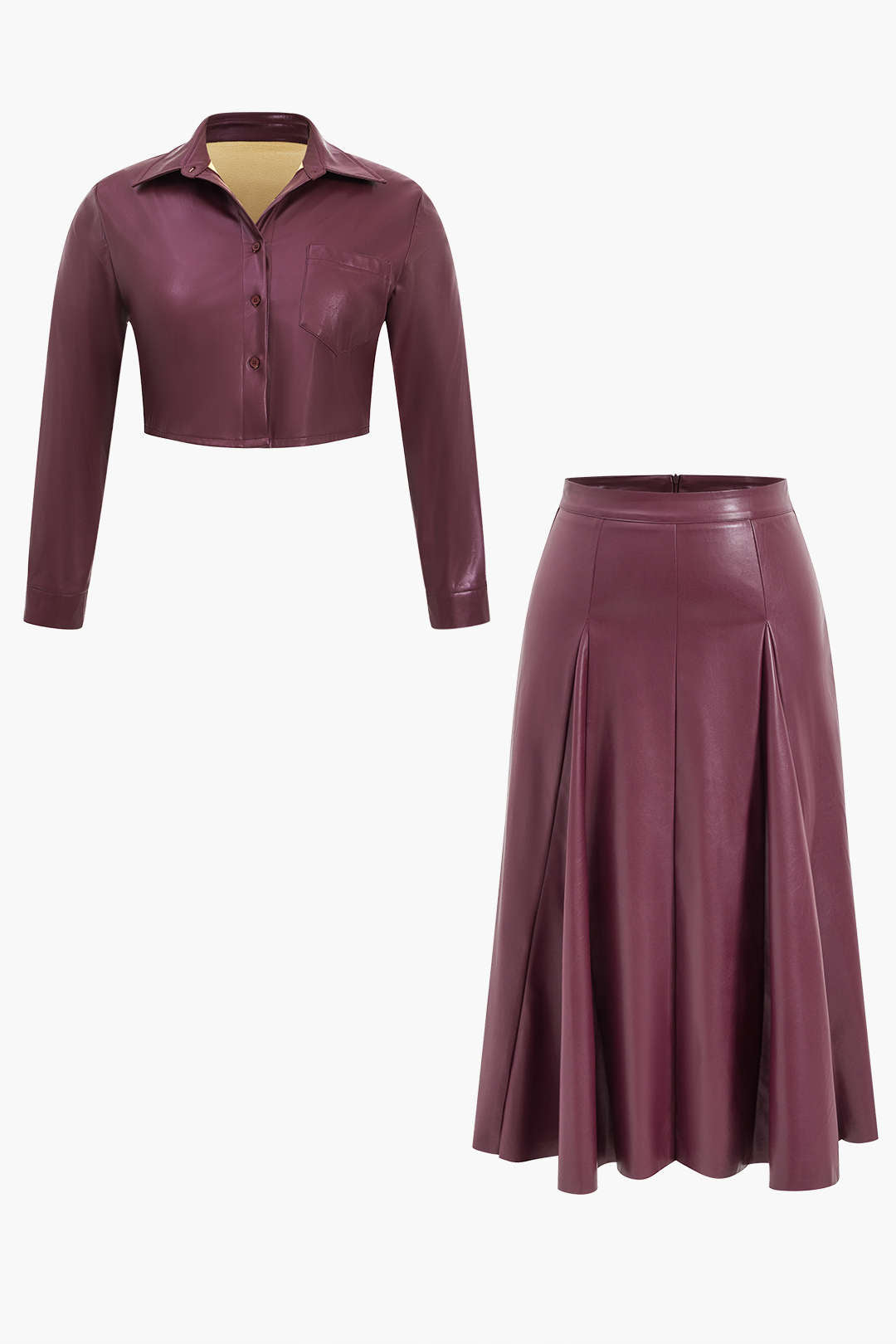 Plus Size Faux Leather Shirt And High Waist Skirt Set