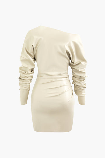 Asymmetric Faux Leather V-neck Gathered Mini Dress