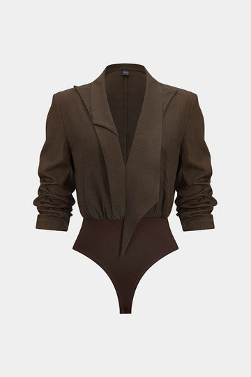 Notched Lapel Asymmetrical Long Sleeve Bodysuit