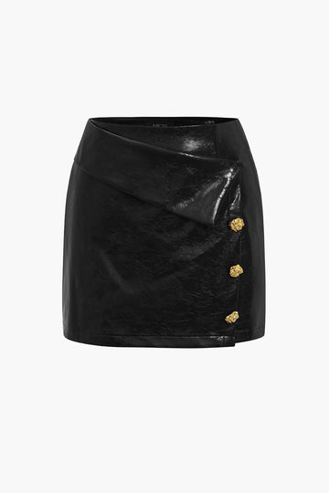 Solid Pu Button Asymmetrical Skirt