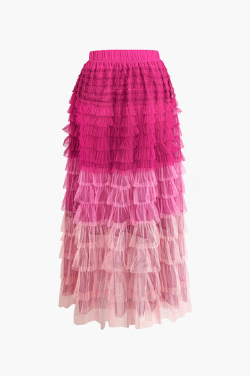 Layered Ruffle Mesh Midi Skirt