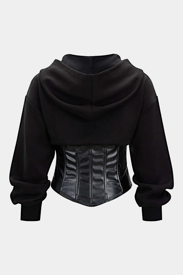 Faux Leather Patchwork Zipper Hoodie