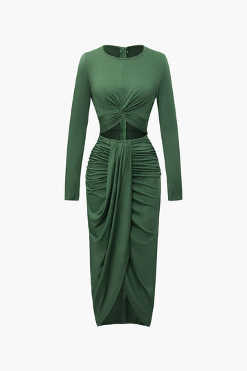 Twist Front Cut Out Ruched Long Sleeve Midi Dress
