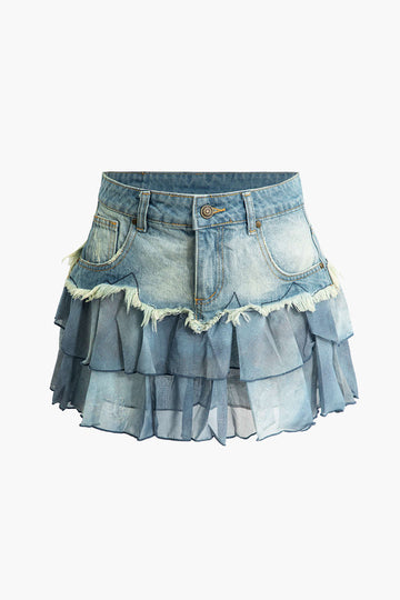 Mesh Patchwork Frayed Denim Mini Skirt