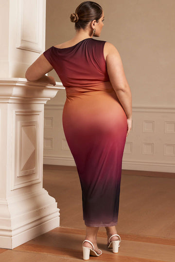 Plus Size Ombre Print Mesh Asymmetrical Sleeveless Maxi Dress