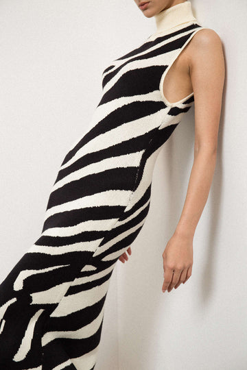 Stripe Knit Turtle Neck Slit Sleeveless Maxi Dress