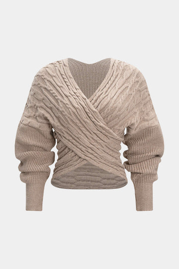 Cable Knit Crossed V-Neck Long-Sleeve Top