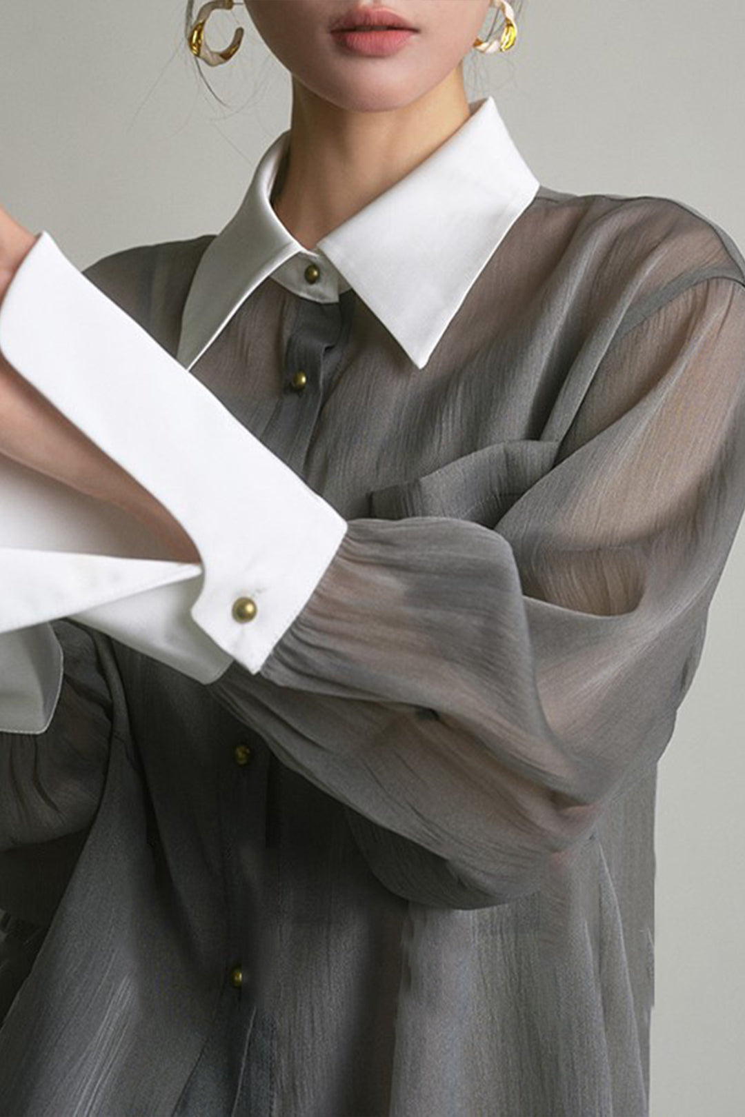 Contrast Button Up Long Sleeve Shirt And Cami Top Set