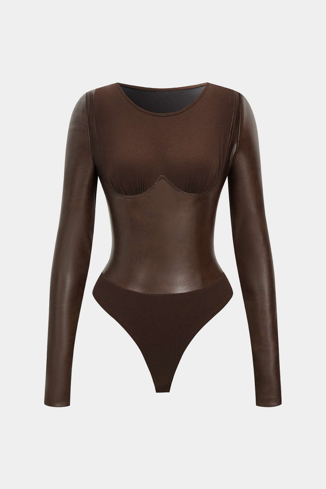 Faux Leather Patchwork Round Neck Long Sleeve Bodysuit