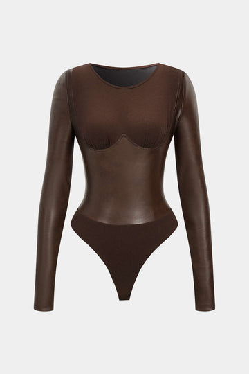 Faux Leather Patchwork Round Neck Long Sleeve Bodysuit