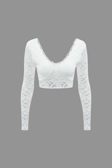 Sexy Scalloped V Neck Long Sleeve Cropped Sheer Floral Lace Top